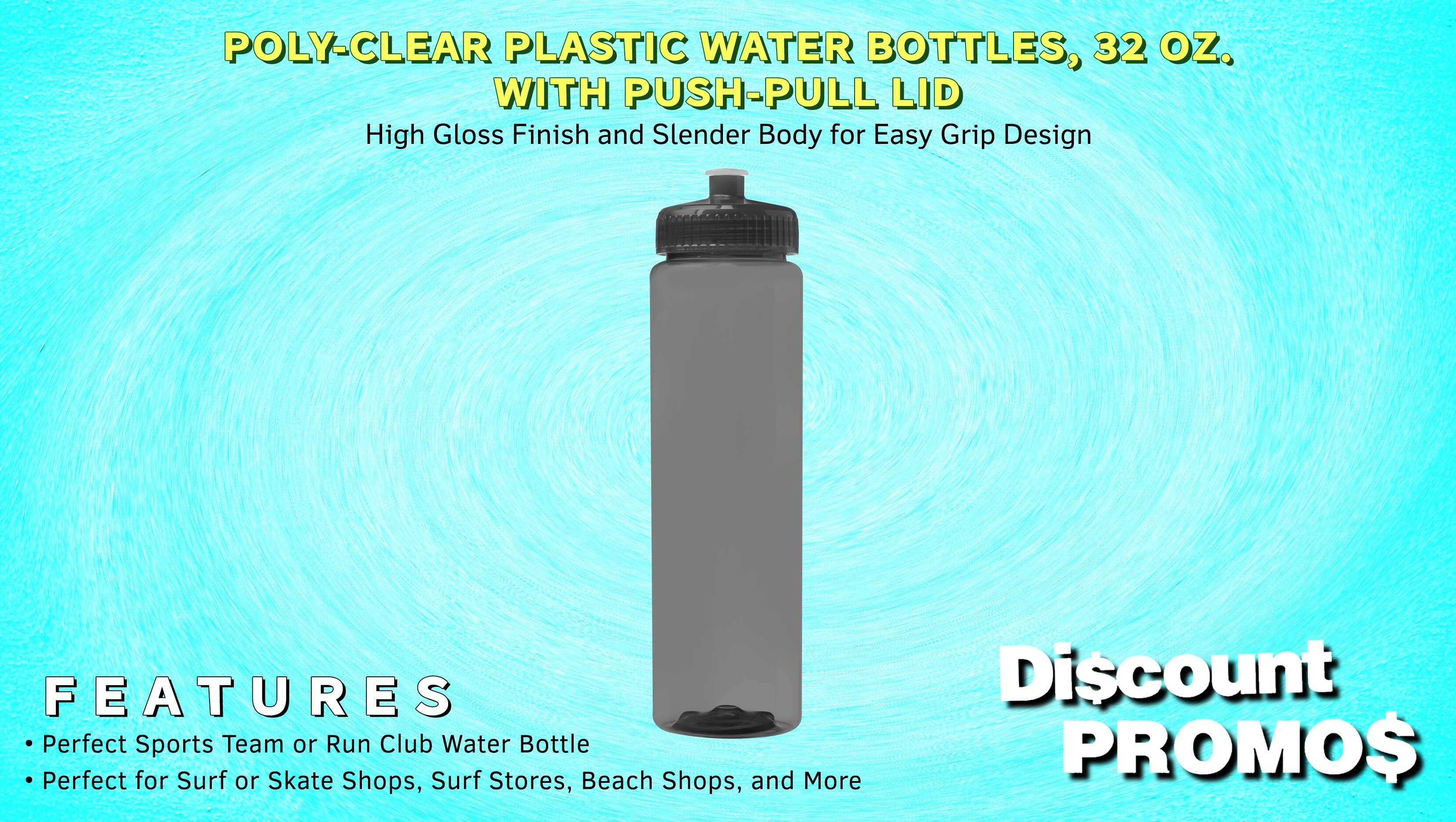 10 Poly-Clear Plastic Water Bottles Set, 32 oz. - Durable, Leak-Resistant, Push-Pull Lids - Trans Smoke