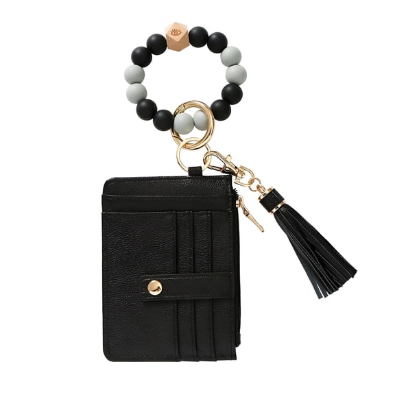 DESIGNICE Keychain Bracelet Wristlet Bangle Key Holder Large Keyring Leather Tassel for Women Girls with Wallet(Black)