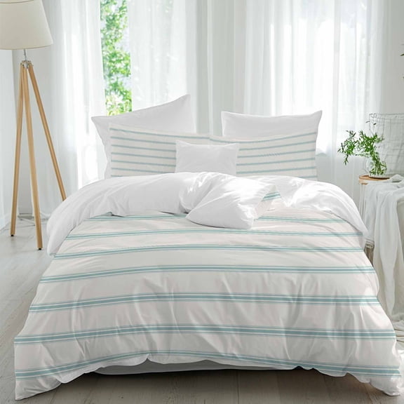 3 Piece Turquoise Striped Duvet Cover Set Full Size,Microfiber Comforter/Quilt Cover with Corner Ties and 2 Pillowcases,Farmhouse Pinstripes Geometric Color All Season Bedding with Zipper Closure