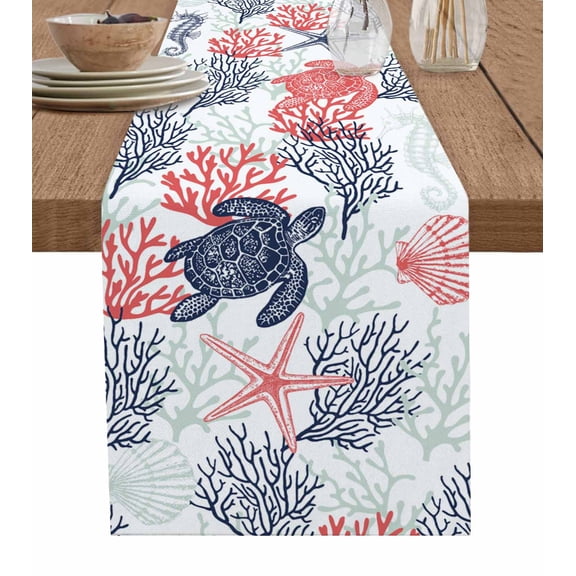 Ldtrchee Blue Red Coastal Table Runner 120 Inches, Sea Turtle Nautical Coral Summer Beach Bed Runner Dresser Scarves Tabletop for Indoor Outdoor Parties/Ceremony/Banquet, 13"x 120"