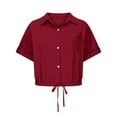 thumbnail image 4 of Ndbuld Cotton Linen Shirts for Women 2025 Summer Short Sleeve V Neck Button Down Tops Dressy Casual Oversized Tshirts Red S, 4 of 7