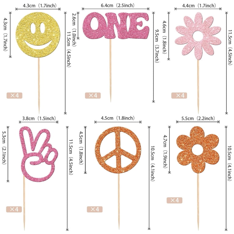 24 PCS Groovy Hippie Cupcake Toppers – 60s Retro Boho Daisy Flower Peace Sign Decorations
