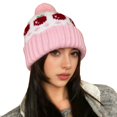 thumbnail image 2 of Women's Fair Isle Pom-Pom Knit Hat, Slouchy Winter Beanie with Ear Flaps, Warm Fairisle Patterned Hat, Cold Weather Slouch Cap, Slimming Face Wool Hat, Unisex Design - Pink, 2 of 4