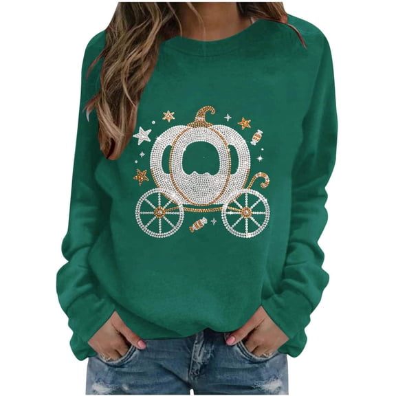 IDOCLOTHES Hello Pumpkin Sweatshirt for Women Long Sleeve Crewneck Halloween Sweaters 2026 Trendy Pullover Tops Plus Size Clothes Womens Fall Fashion Clothing Dark Green, S