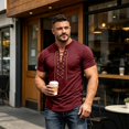 thumbnail image 6 of Mens Lace Up Tshirt Short Sleeve V Neck Casual Summer Beach Vacation Top Wine S, 6 of 8