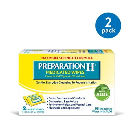 (2 Pack) Preparation H Hemorrhoid Flushable Medicated Wipes, Maximum Strength Relief with Witch Hazel and Aloe, Pouch (2 x 48 Count, 96