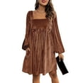 thumbnail image 2 of Women's Tie Back Square Neck Velvet B`abydoll Dresses Puff Long Sleeve Short Mini Dress, 2 of 8