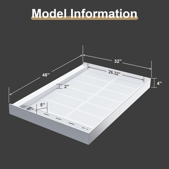 Shower Base Left Drain with SS304 Square Cover, Non-Slip Shower Pan Base, 3-Sided Water Barrier for Bathroom Stall