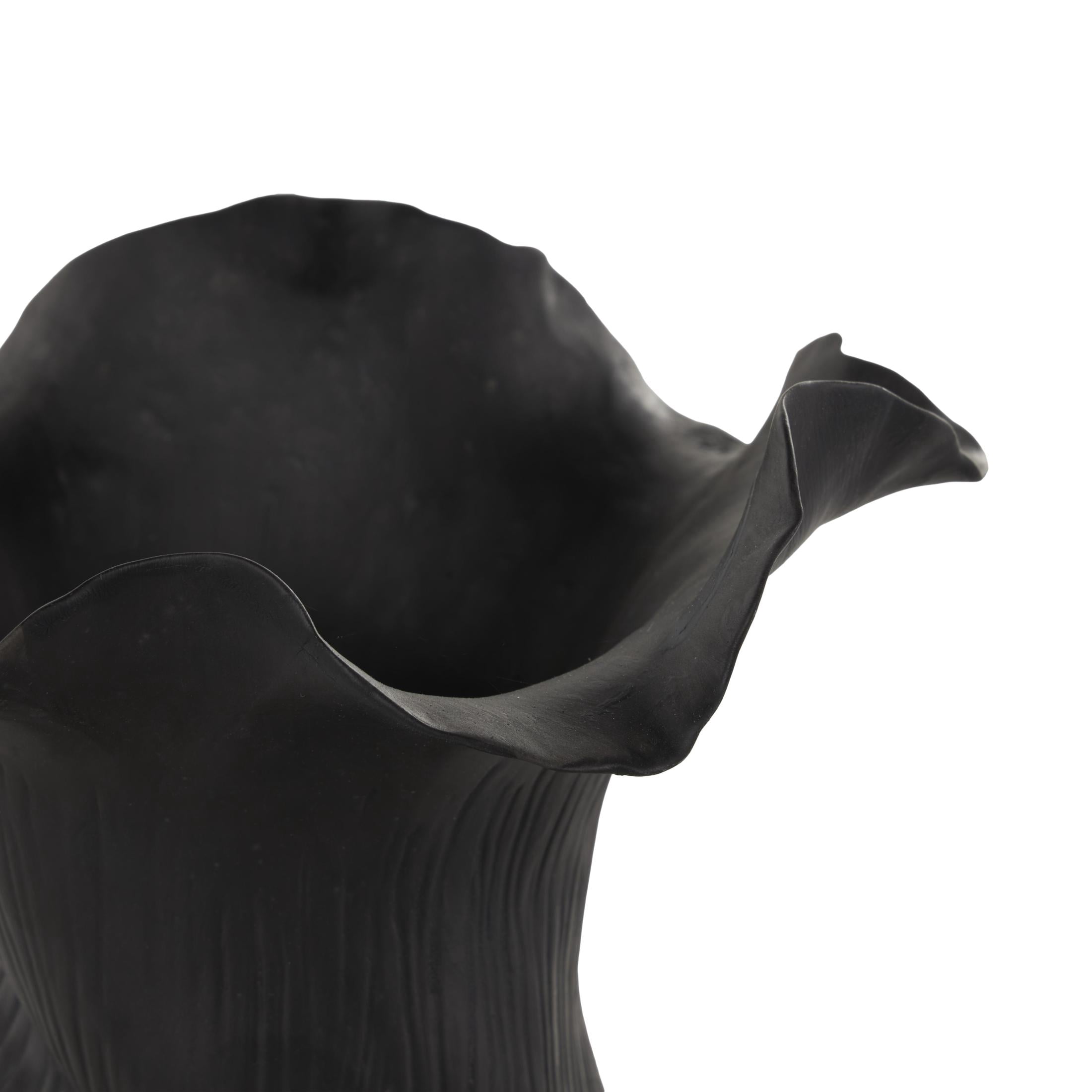 DecMode 11" Abstract Floral Inspired Black Ceramic Vase with Wavy Folded Rim and Linear Grooves