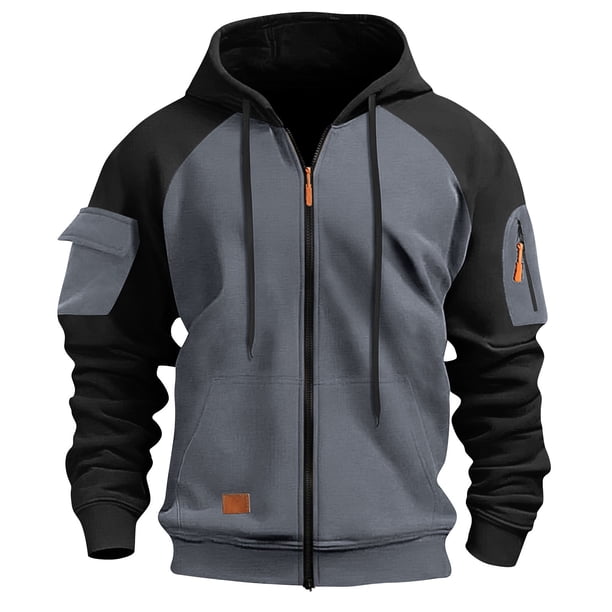 Ceisia Men's Long Sleeve Jacket Drawstring Full-Zip with Kanga Pocket Color Block Sweatshirts Casual Hoodies Dark Gray XXL Gift