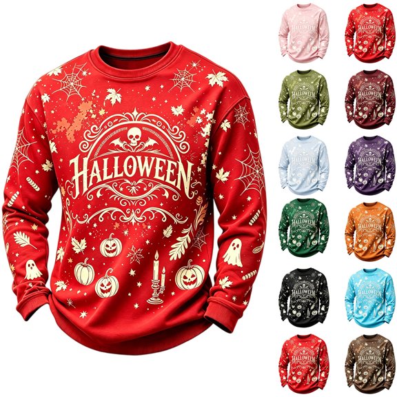 Mens Retro Fall Halloween Splatter Detail Graphic Cotton Blend Crewneck Sweatshirt Jack O Lantern Holiday Casual Long Sleeve Pullover Red M