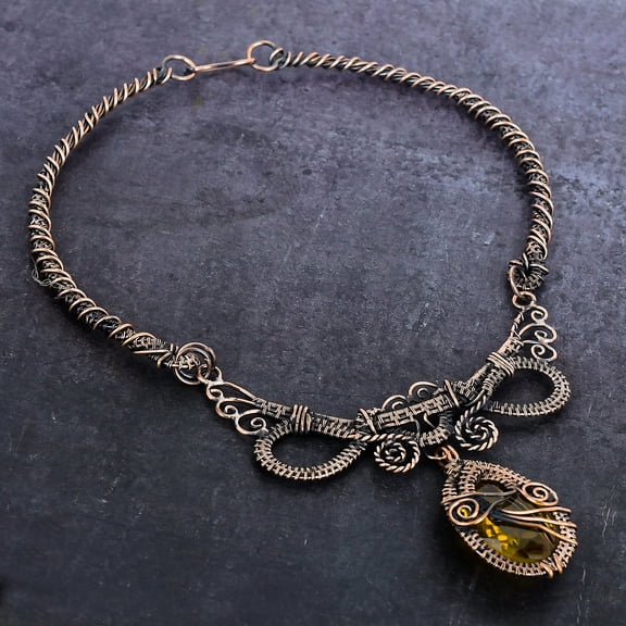 Natural Citrine Gemstone Handmade Copper Wire Wrap Jewelry Necklace 18"