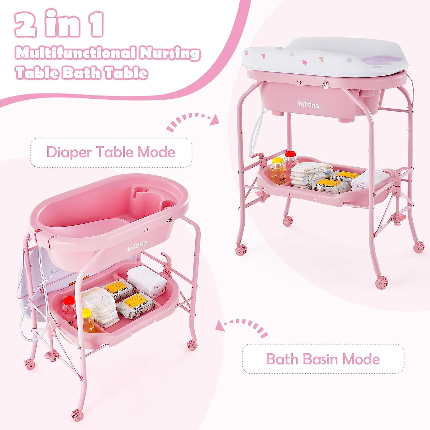 INFANS 2 in 1 Baby Changing Table with Bath Tub Unit, Folding Diaper Dresser Station with Wheels Waterproof Pad Storage Rack, Portable Nursery Organizer Stand for Newborn Infant