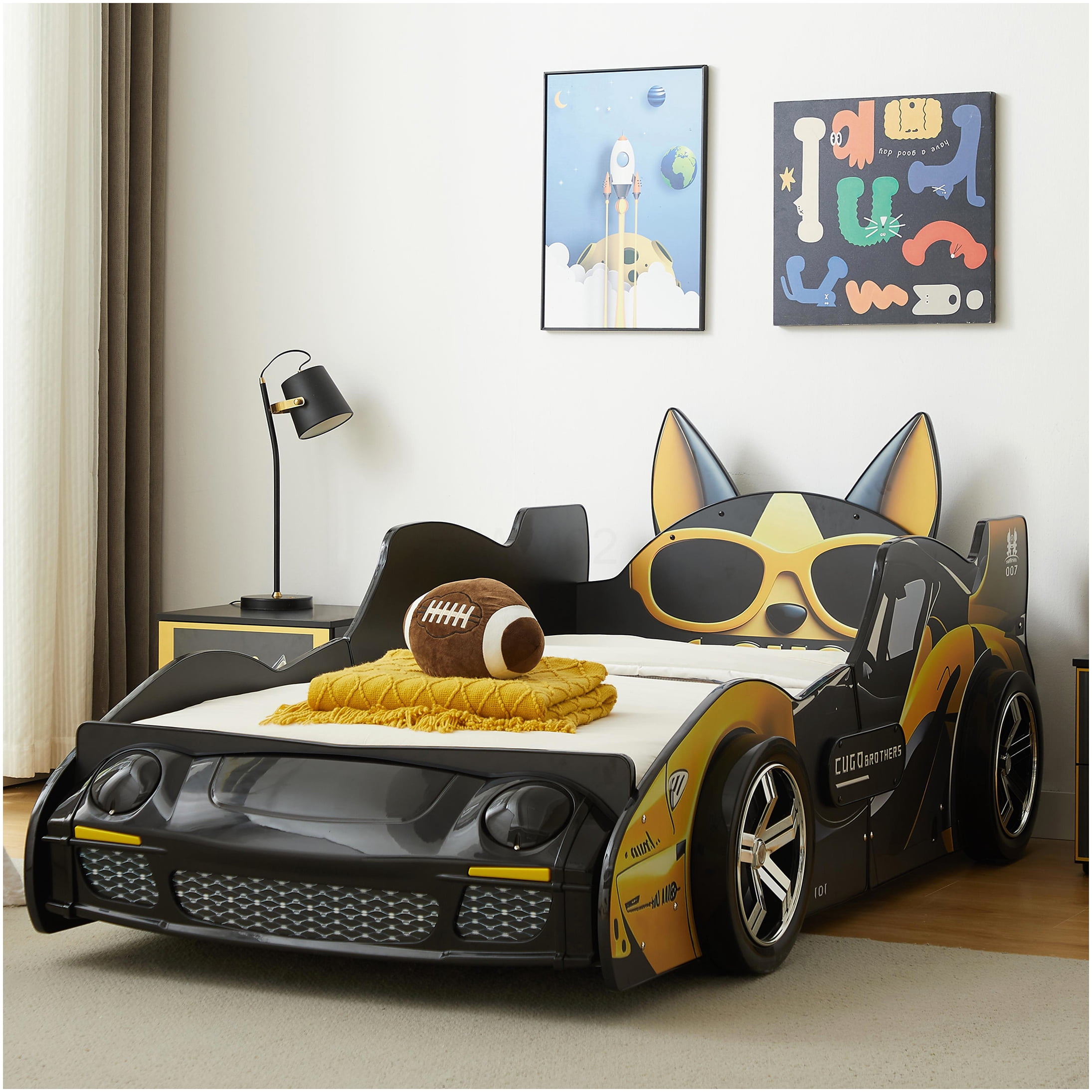 Twin Size Race Car Bed with LED Lights, Cartoon Dog Themed MDF Platform Bed with Guardrails