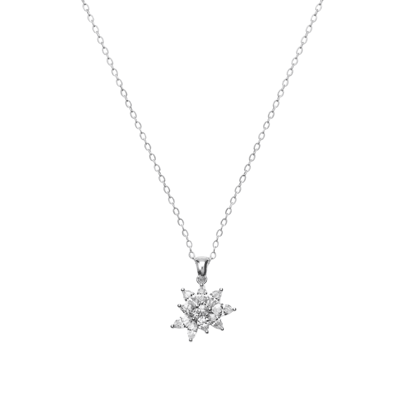 Apex Global Hub - Floral Starburst Pendant Necklace, Clear Decorative Accents, Polished Cool Metallic Finish, Linked Chain Jewelry Accessory, One Size