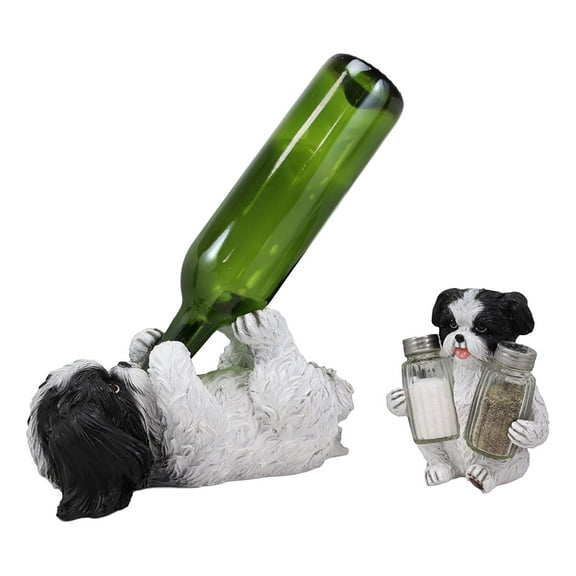 Ebros Realistic Shih Tzu Dog Glass Salt Pepper Shakers & Wine Bottle Holder