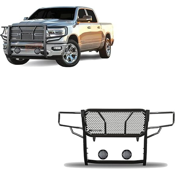 Black Horse RUGGED Heavy Duty Grille Brush Bumper Guard Modular Black Come with Pair of 5.3" Dia.LED Lights with Black Trim Rings Compatible with 2019-2025 Ram 1500-RU-DORA19-B-PLFB