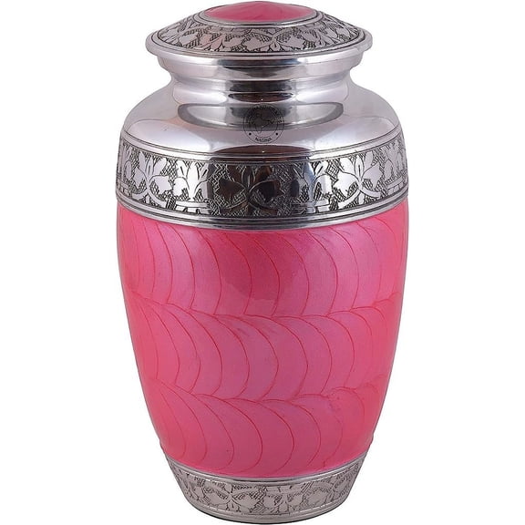 Silver Engraved Cremation Urn for Human Ashes Adult Funeral Urn Handcrafted - Large Burial Urn for Human Ashes - BAG INCLUDED (6.5" x 6.5" x 10.5", Pearl Pink)