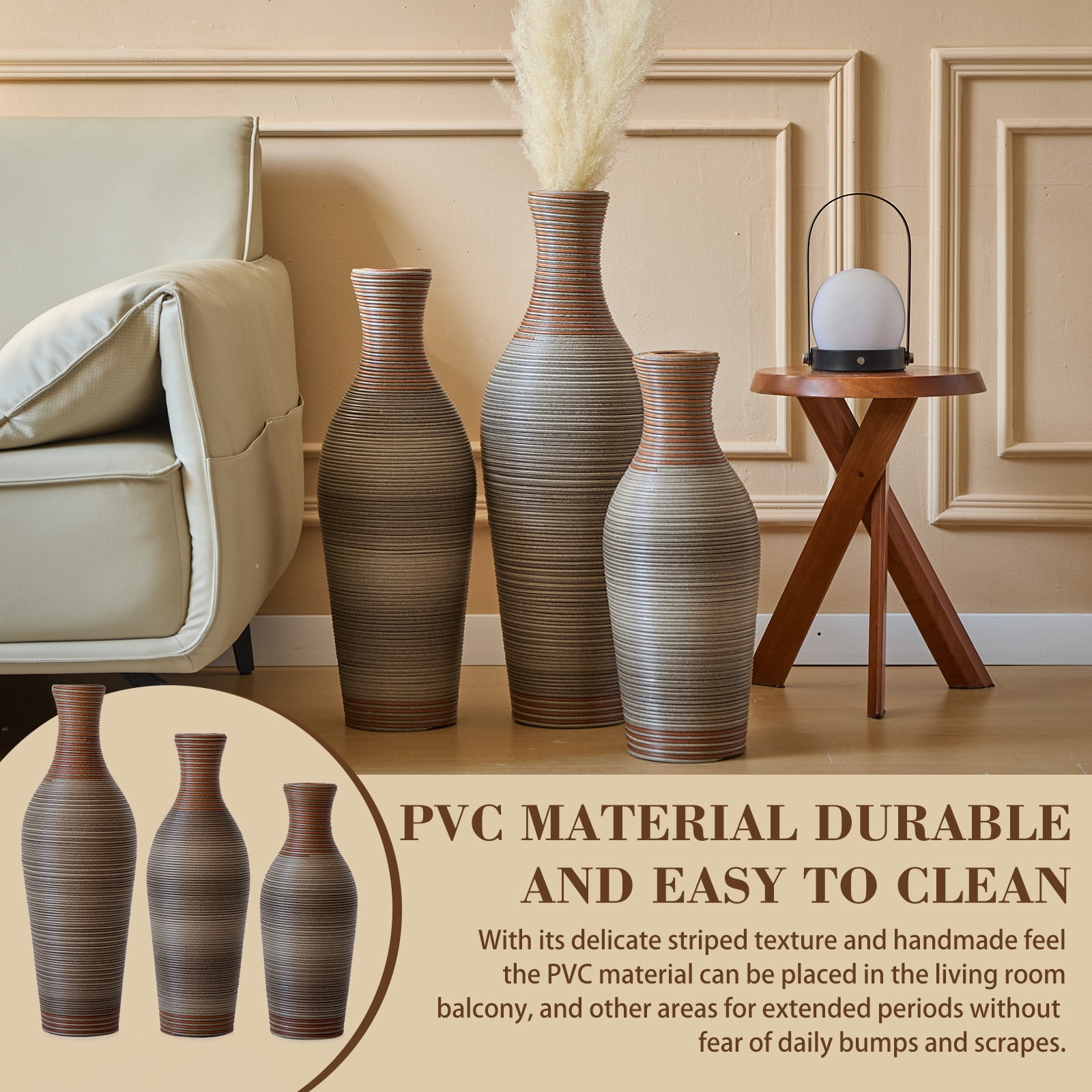 Aukfa Tall Floor Vase Set of 3, Extra Large Metal Decorative Vases for Living Room Dining Room Bedroom,Brown Grey