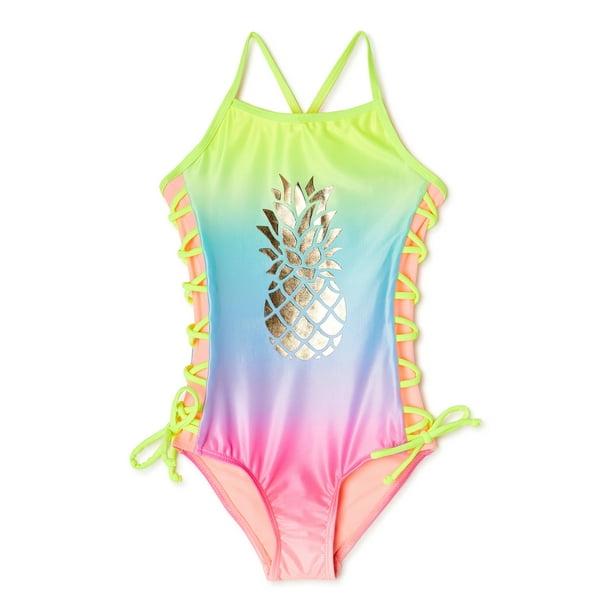 XOXO Girls Pineapple One Piece Swimsuit With Macramé Siding, Sizes 4-16 ...