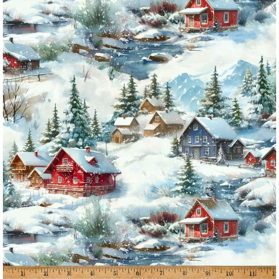 Cotton Cozy Tidings Snow Winter Christmas Pine Trees Houses Hoffman California Fabrics Cotton Fabric Print by the Yard (X5598-307-SNOW)