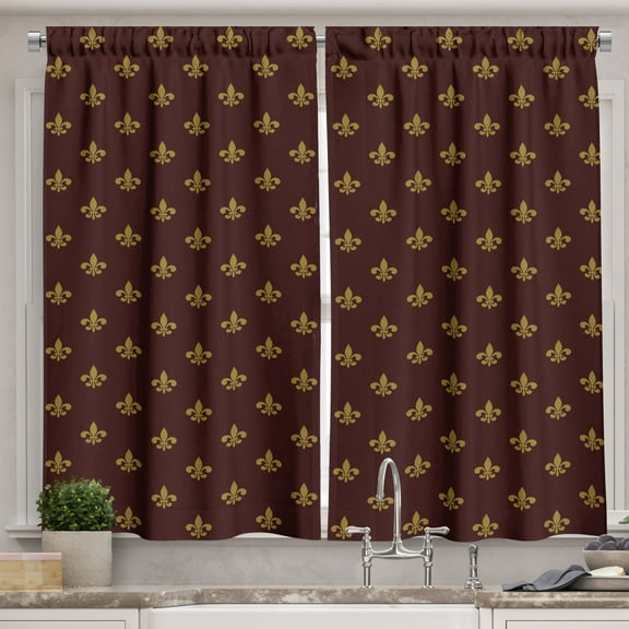Ambesonne Fleur De Lis Kitchen Curtains, Royal Pattern, 55"x39", Burgundy Earth Yellow