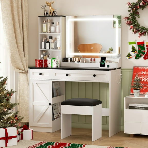 Vabches Vanity Set with Mirror and Lights, Modern Makeup Table with Storage Shelves & Drawers for Bedroom, White