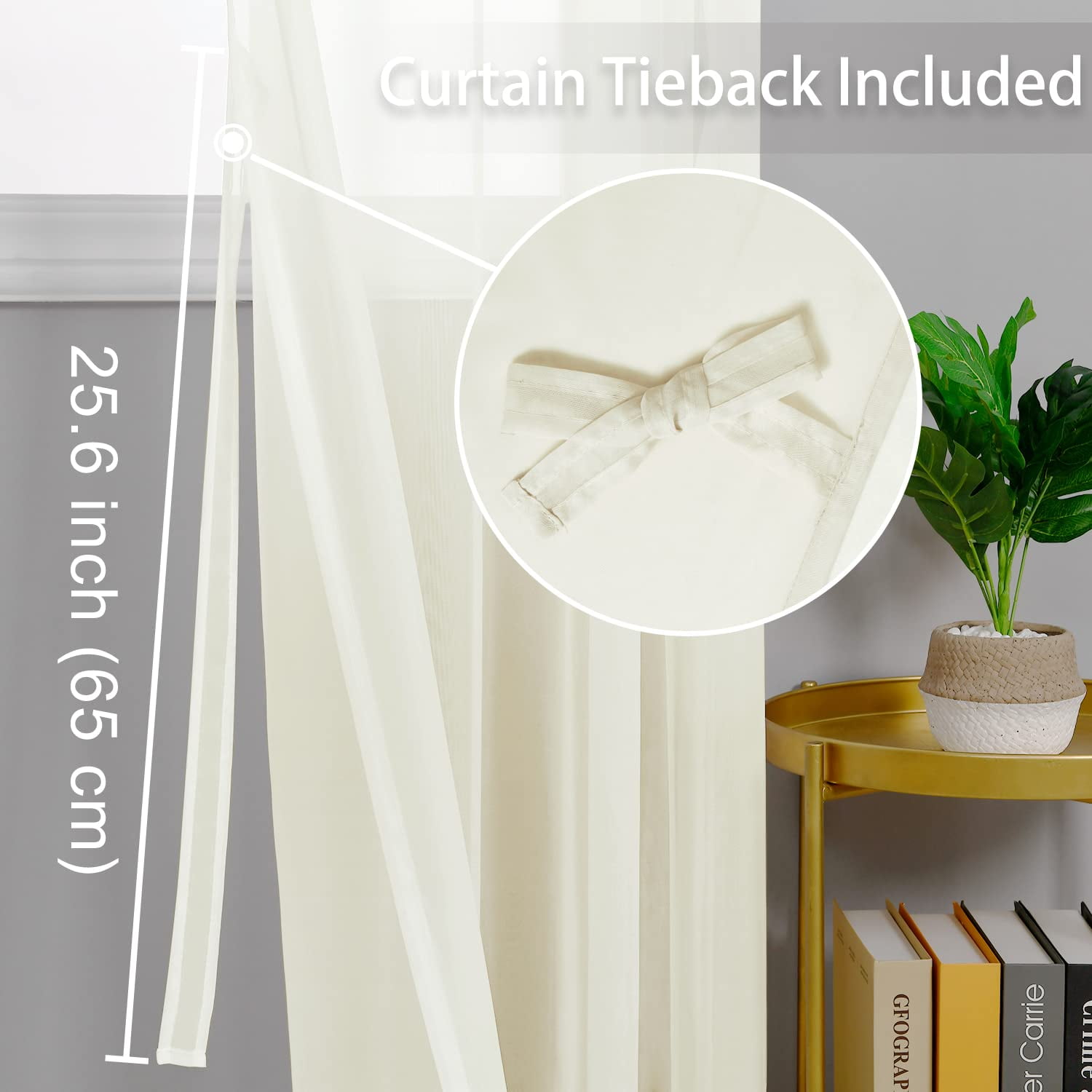 Hiasan Ivory Sheer Curtains with Tiebacks-Light Filtering Contemporary Window Drapes for Living Room, Bedroom, Grommet, 52" x 90", Set of 2