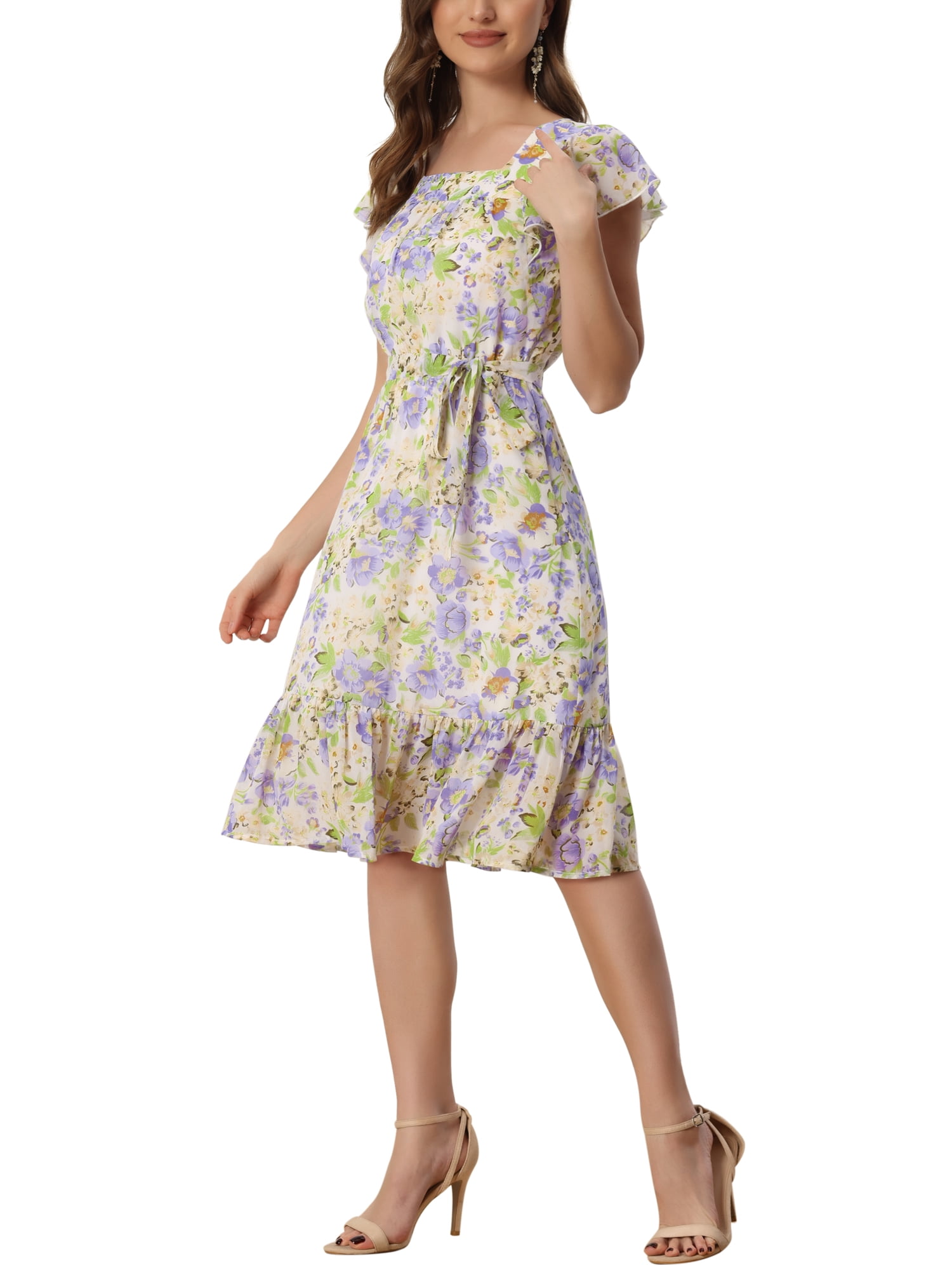 DARING DIVA Square Neck Flutter Sleeve A-Line Midi Dress XL Light Purple