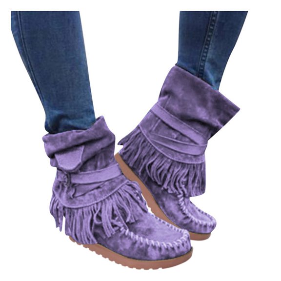 YLYL Women's Suede Tassel Boots Round Toe Non-Slip Retro Fashion Winter Warm Wide Moccasins Mid Calf Boots