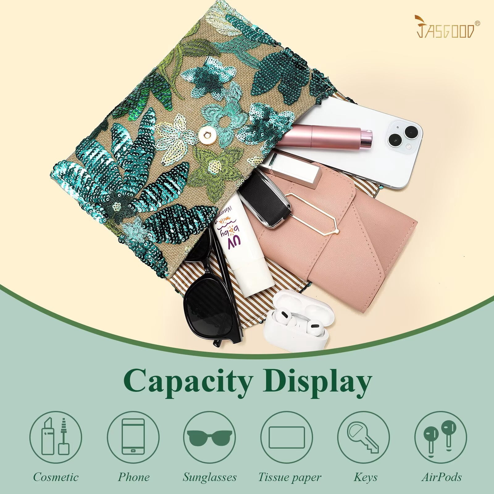 JASGOOD Clutch Purses for Women Floral Evening Clutch Purses for Party Embroidery Sequin Beaded Womens Purse