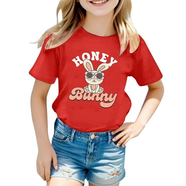 LUOGENLI T-Shirt pour Filles Mode Décontractée Imprimé Col Rond Manches Courtes T-Shirt Maxi Tops Ensemble Été Rouge 3-4 Ans