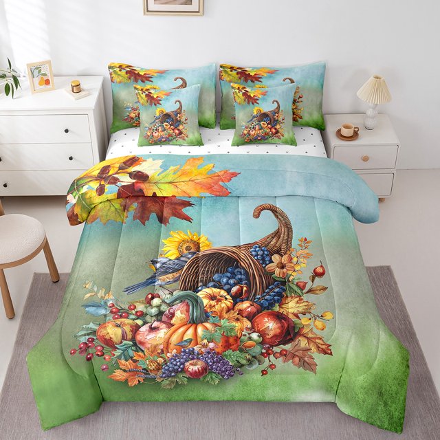 YST 7Pcs Pumpkin Comforter Set, Fall Pumpkin Maple Leaves Bed in a Bag, Queen Size, Polyester