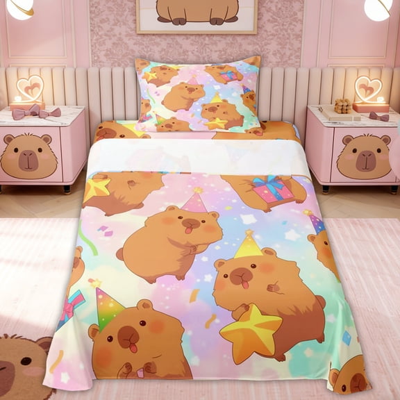 Erosebridal Kids Birthday Capybara Twin Sheet Sets, Galaxy Star Sky Bedding, 3 Pieces
