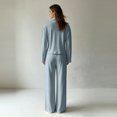 thumbnail image 4 of Women's 2 Piece Tracksuit Set Half Zip Collared Top Contrast Stripe Elastic Waist Wide Leg Pants Loose Fit Relaxed Comfortable Casual Outfit for Fall Winter Everyday Wear Sky Blue_#1 L, 4 of 4
