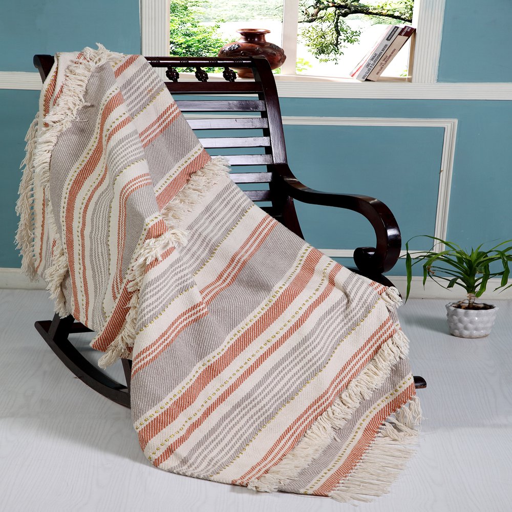 LR Home Striped Fringe Rust / Grey 50" x 60" Cotton Throw Blanket