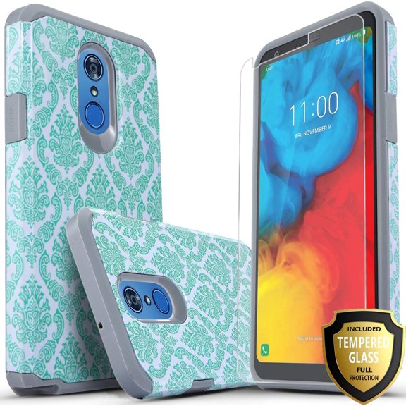LG Aristo 4 Plus   Case/ LG Escape Plus Case, LG Arena 2 / LG Prime 2 / K30 2019 Case, With [Tempered Glass Screen Protector], STARSHOP Drop Protection Dual Layers Phone Cover-Teal Lace
