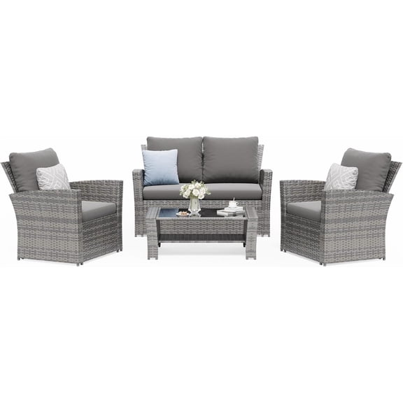 strong store 4 Piece Outdoor Wicker Patio Furniture Set, PE Rattan Sectional Sofa with Thick Cushions & Tempered Glass Table, Weather-Resistant Patio Conversation Sets for Balcony, Backyard, Grey