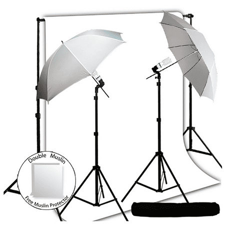 Portrait Studio 2 Light Loadstone Studio 600 Watt Photography Lighting Light Kit + 10' x 10' White Muslin Backdrop Background Photo Portrait Studio 33