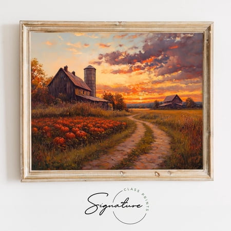 Vintage Autumn Farm Wall Art Pumpkin Patch and Barn Poster Rustic Harvest Scene Fall Farmhouse Decor Earthy Wall Art 1275 Unframed Paper Print