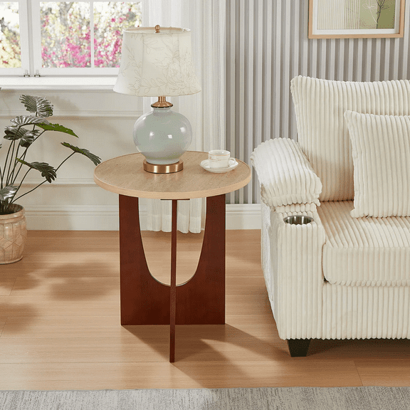 Elegant Round Travertine Texture Side Table 21.2 Stone End Table, Modern Design, Durable, Minimalist