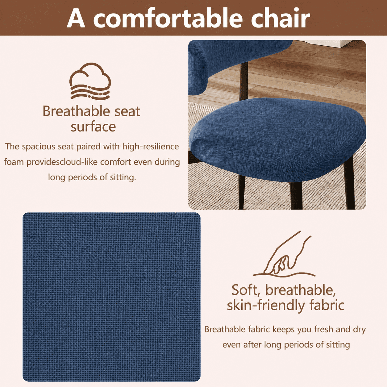 Dining Chairs Set of 2, Metal Kitchen Chairs with Modern Linen Fabric Upholstered for Dining Room, Navy Seat
