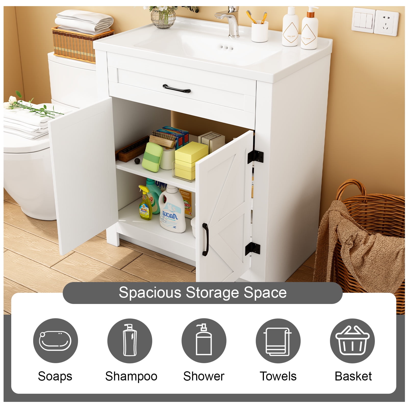 Yamissi 24" Freestanding Bathroom Vanity with Ceramic Sink, Storage Cabinet with 2 Soft Closing Doors, Modern White