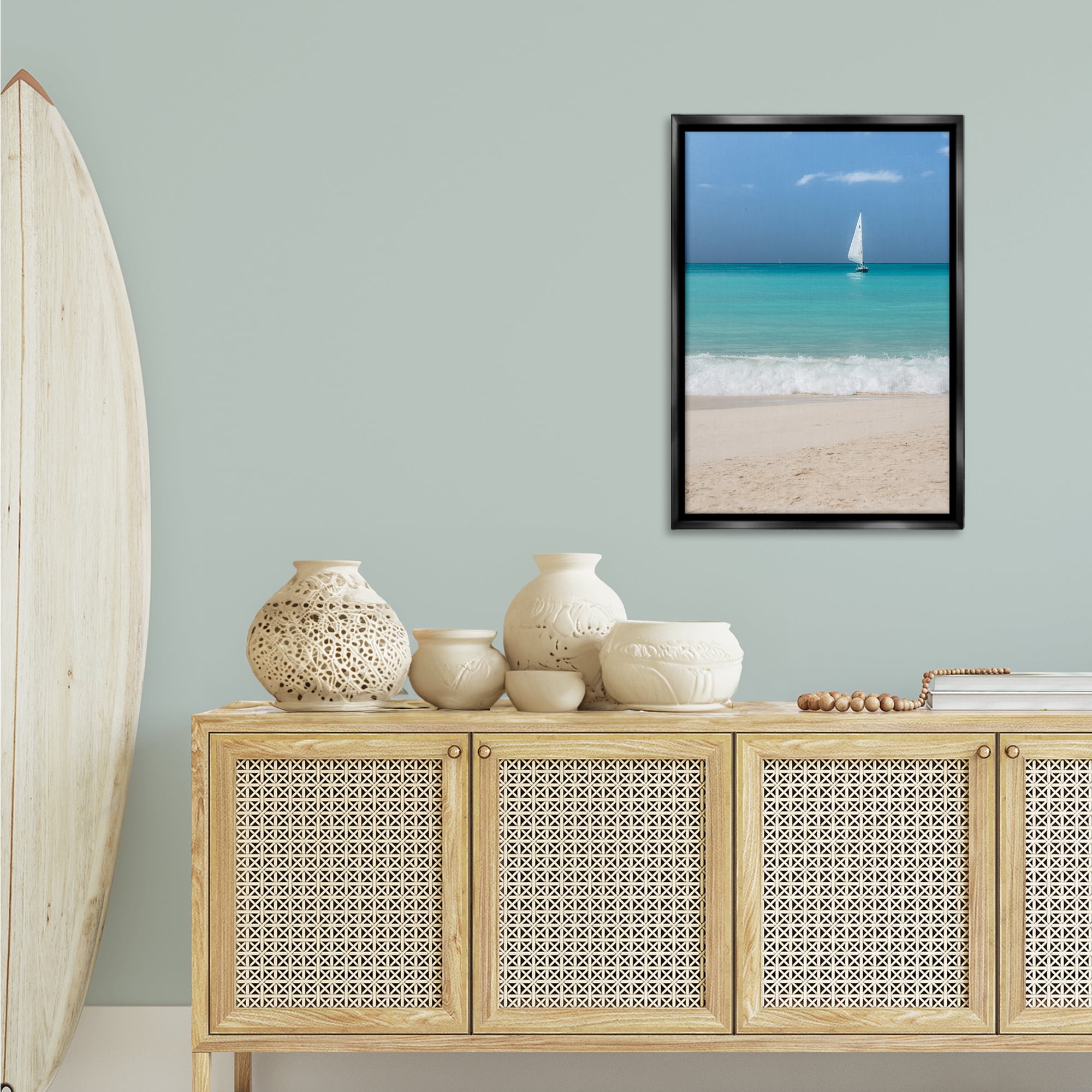 Stupell Industries Lone Sailboat Beach Tide Nautical & Beach Photography Black Floater Framed Canvas Art Print Wall Art, 21 x 31