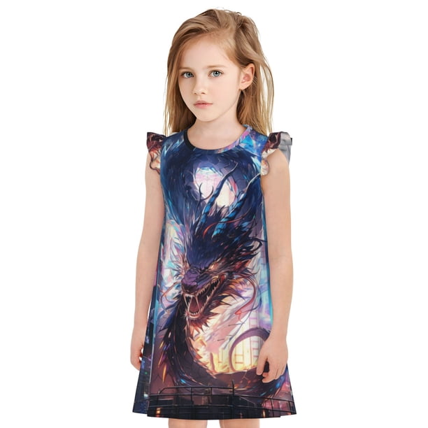 Fotbe Urban Style Colorful Dragon Vestido de Dormir para Niñas de 3 a 10 Años, Mangas Cortas, Estilo Princesa, Pijama Camisón con Mangas Voladas-X-Large