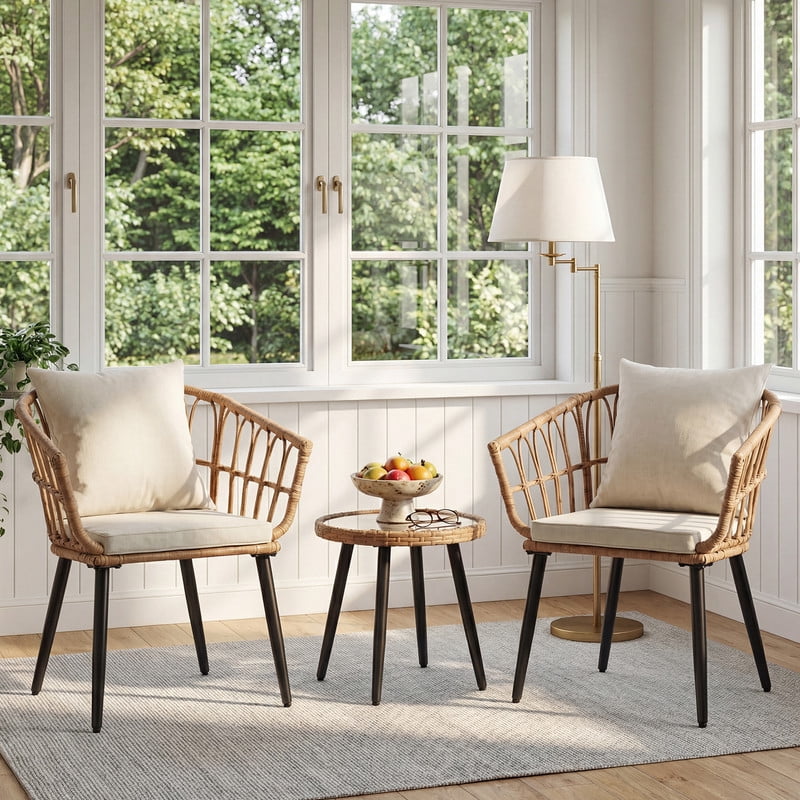 Gianna 3 Piece Outdoor Patio Furniture Set, Wicker Bistro Chairs with Glass Top Table for Apartment Balcony, Small Backyard, Porch and Deck, Beige