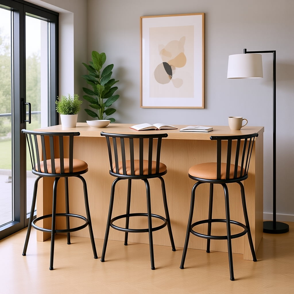 Ensemble de 3 tabourets de bar compacts et ajustables Homy Casa pour petits espaces, chaise pivotante avec coussin beige et structure en métal
