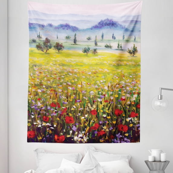 Spring Green Tapestry, Fine Art Landscape Painting Print Italian Tuscany Meadow Flowers Trees, Fabric Wall Hanging Decor for Bedroom Living Room Dorm, 5 Sizes, Multicolor, by Ambesonne