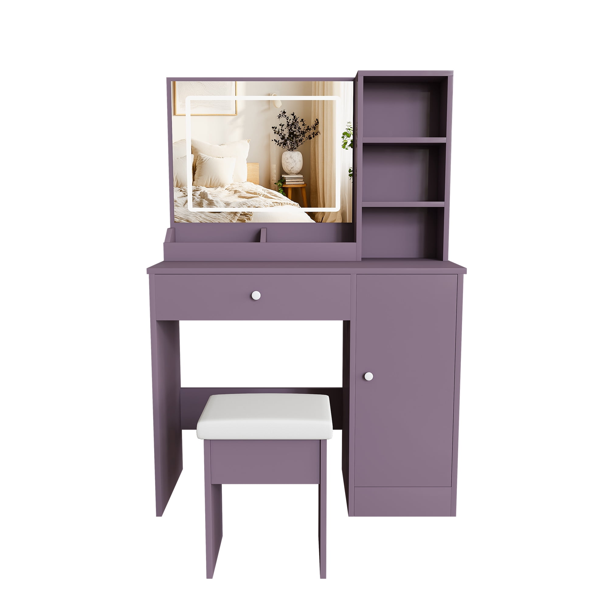 Makeup Vanity Desk Set with Padded Stool & 3-Mode Dimmable LED Mirror, Multi-Storage Modern Bedroom Dressing Table for Bedroom Apartment Dorm