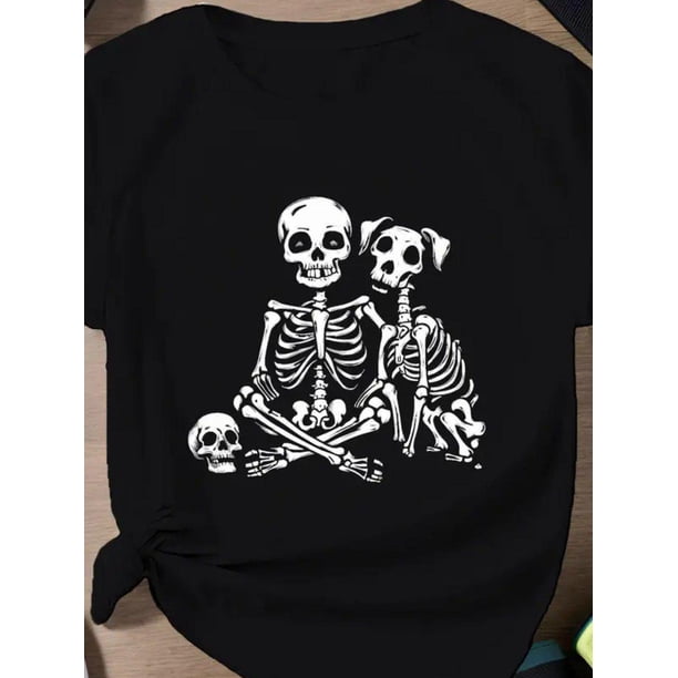 Women's Skeleton Graphic Tee - Black T-Shirt with White Skeleton Print, Crew Neck Short Sleeve, Regular Fit Casual Top for Daily Wear & Gym, Machine Washable, Gym apparel | Comfortable Fit